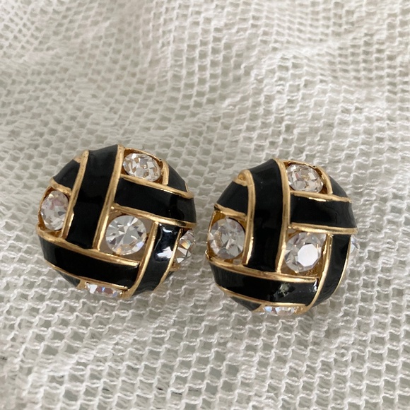 Vintage Vendome Black Enamel and Crystal Earrings - Picture 2 of 5